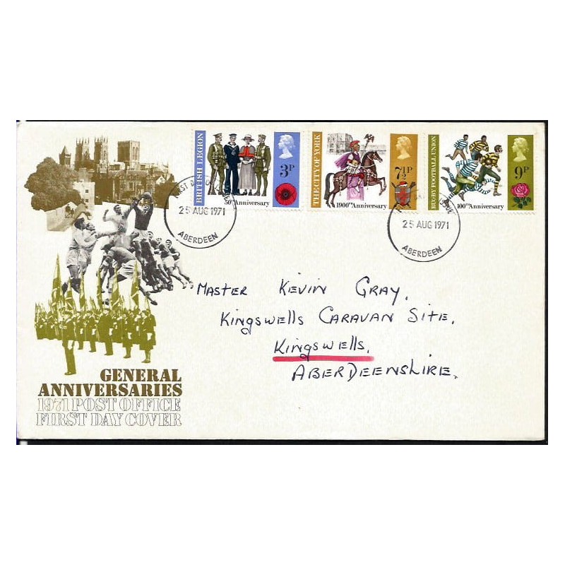 Wielka Brytania 1971, Rocznice: wojsko, rugby, miasto York. FDC