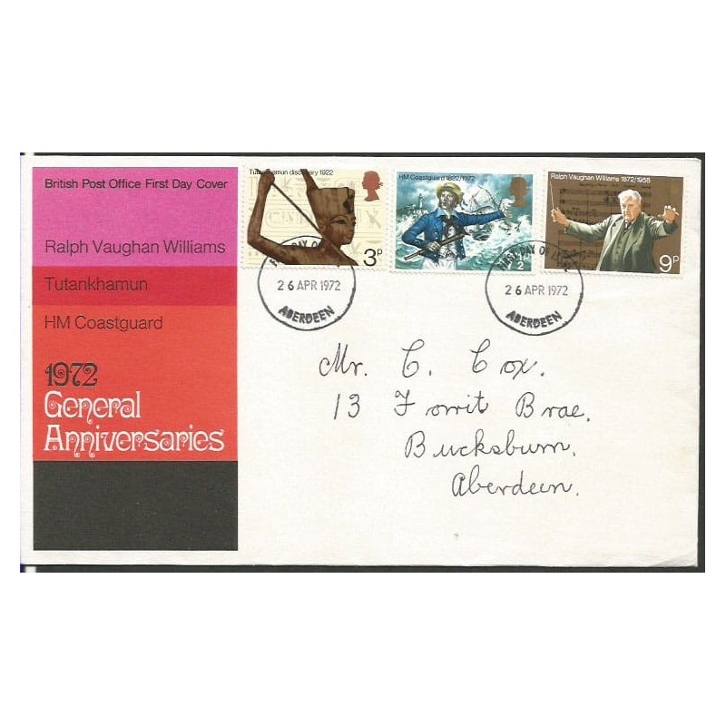 Wielka Brytania 1972, Egipt, starożytność, muzyka, marynistyka. FDC