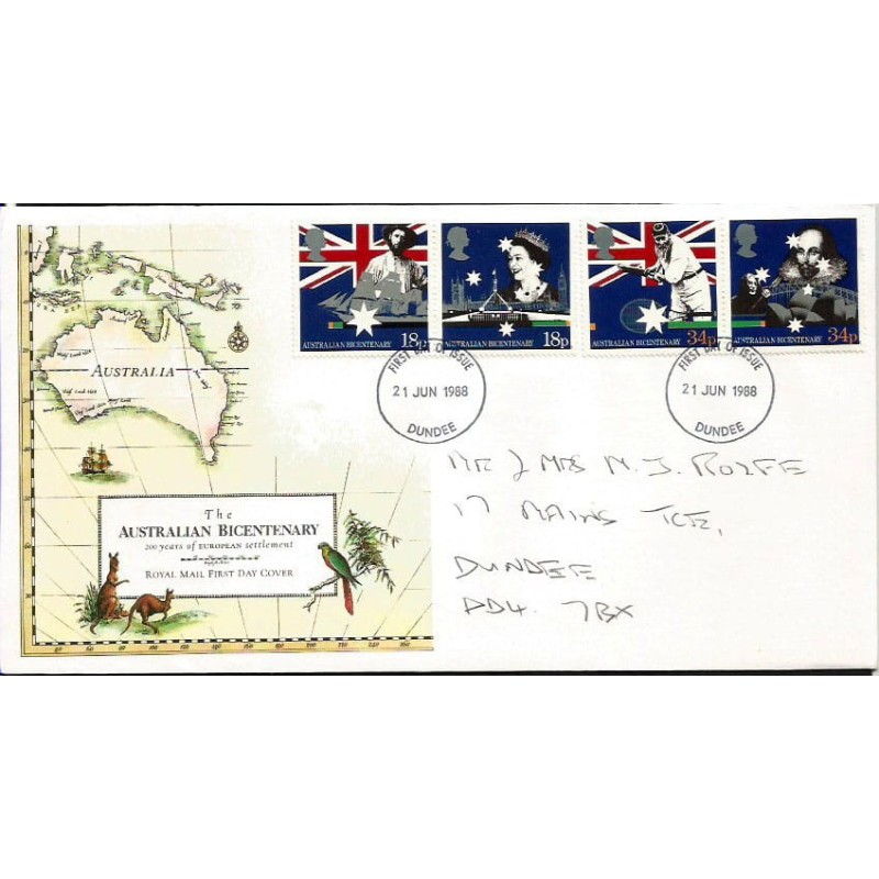 Wielka Brytania 1988, Australia, 200 lat, królowa Elżbieta. FDC