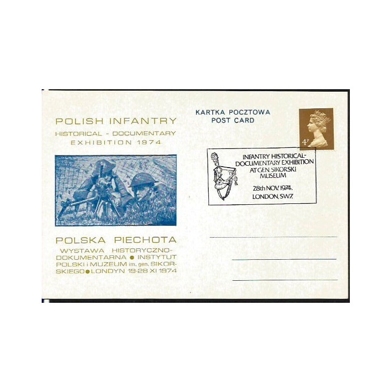 Wielka Brytania 1974, Powstanie listopadowe, czapka, wystawa. Londyn, ilustrowana kartka