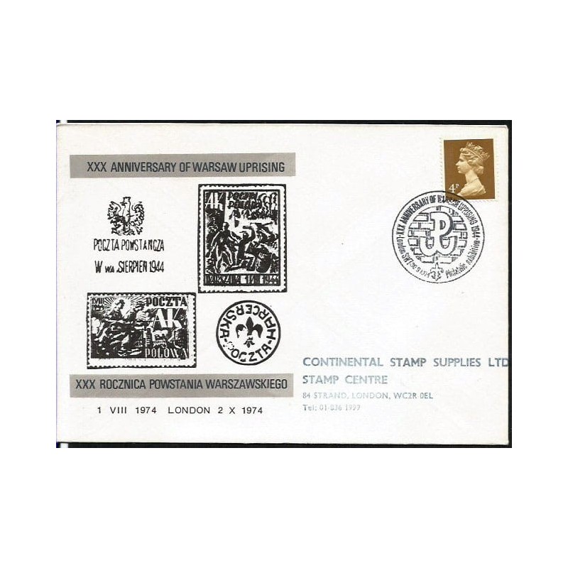Wielka Brytania 1974, Powstanie warszawskie 1944. Londyn, ilustrowana koperta