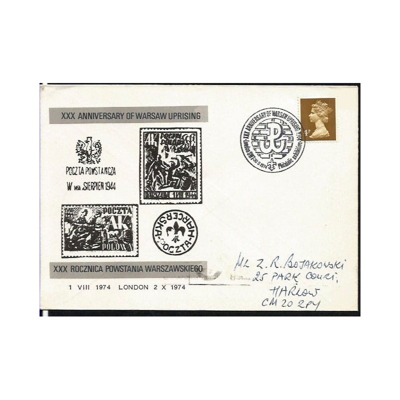 Wielka Brytania 1974, Powstanie warszawskie 1944. Londyn, ilustrowana koperta