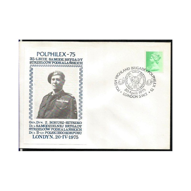 Wielka Brytania 1975, Sam. Brygada Strzelców Podhalańskich. Londyn, ilustrowana koperta, gen. B. Bohusz-Szyszko