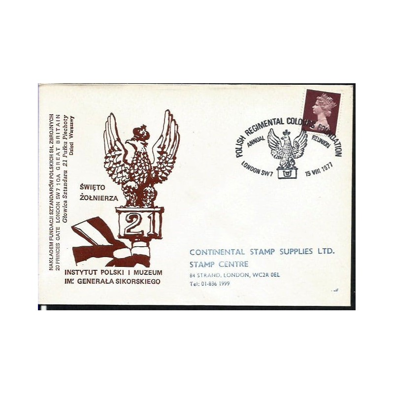 Wielka Brytania 1977, Święto żołnierza, orzełek. Londyn, ilustrowana koperta