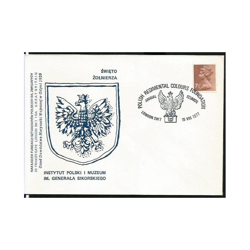 Wielka Brytania 1977, Święto żołnierza, orzełek. Londyn, ilustrowana koperta
