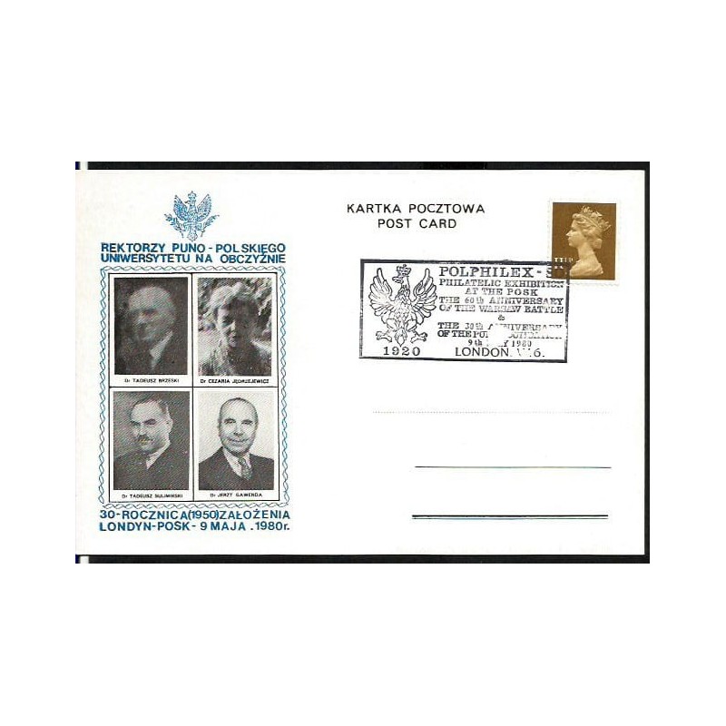 Wielka Brytania 1980, Bitwa warszawska 1920, Polphilex, rektorzy. Londyn, ilustrowana kartka