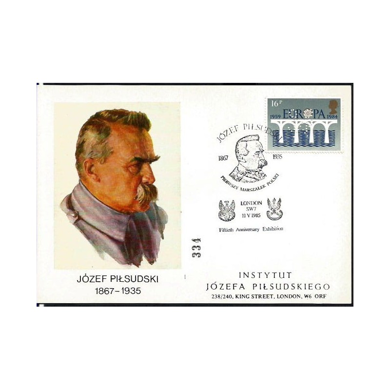 Wielka Brytania 1985, Piłsudski, dziurkowanie na znaczku. Londyn, ilustrowana kartka