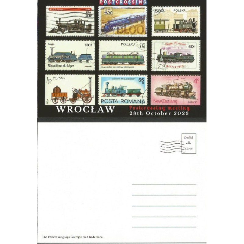 Wrocław, Postcrossing 2023, Kolej, znaczki, pociągi