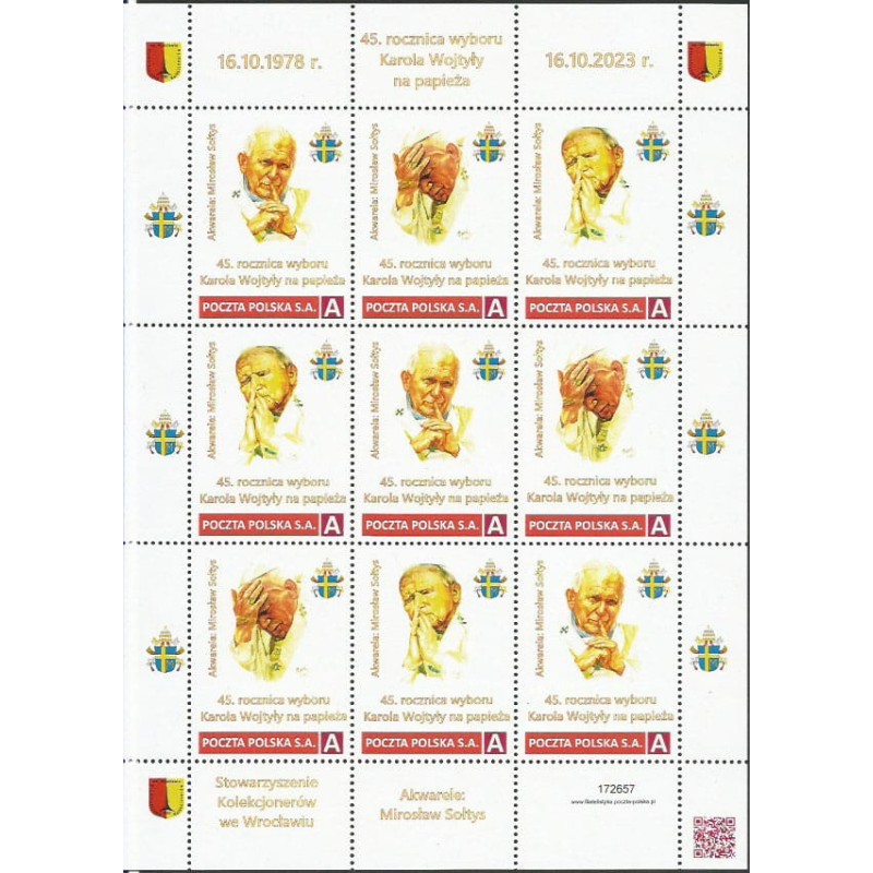 2023 Personalizowany, Papież Jan Paweł II, Stowarzyszenie Kolekcjonerów, Wrocław. Arkusz **