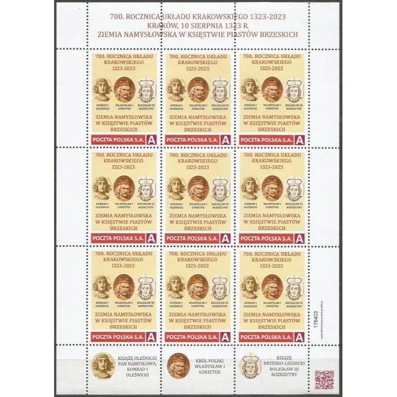 2023 Personalizowany, Namysłów, Kraków, Brzeg, król Kazimierz Wielki, książę Konrad Oleśnicki, Bolesław Rozrzutny. Arkusz **