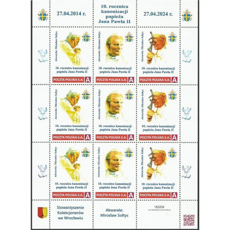 2024 Personalizowany, Papież Jan Paweł II, Stowarzyszenie Kolekcjonerów, Wrocław. Arkusz **