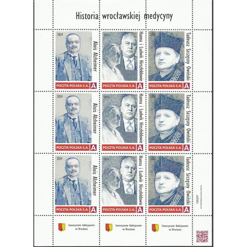 2024 Personalizowany, Medycyna, A. Alzheimer, H. i L. Hirszfeld, T. Sz. Owiński, Stowarzyszenie Kolekcjonerów, Wrocław. Arkusz *
