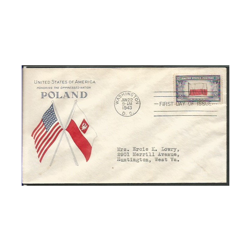 USA 1943, Okupowane kraje: Polska, flaga. FDC