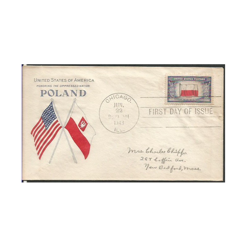 USA 1943, Okupowane kraje: Polska, flaga. FDC