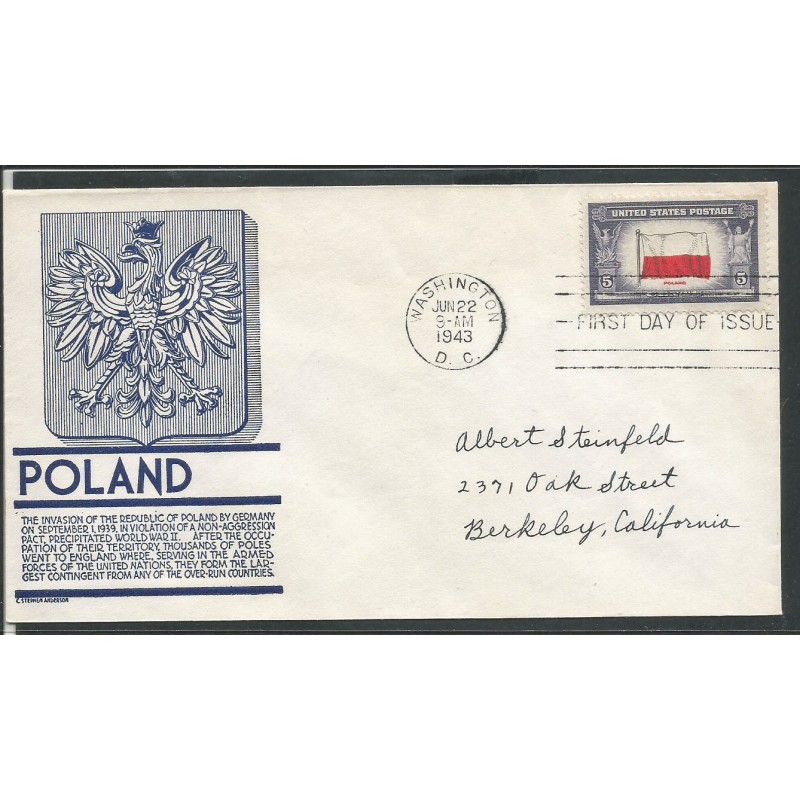 USA 1943, Okupowane kraje: Polska, flaga. FDC