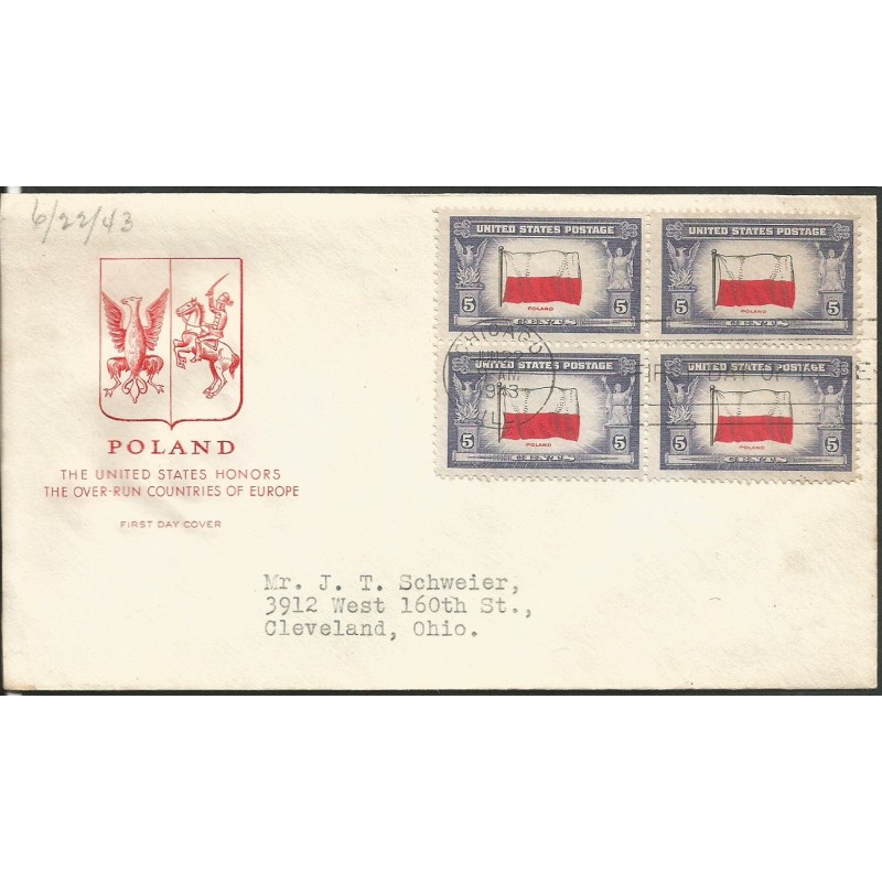 USA 1943, Okupowane kraje: Polska, flaga. FDC
