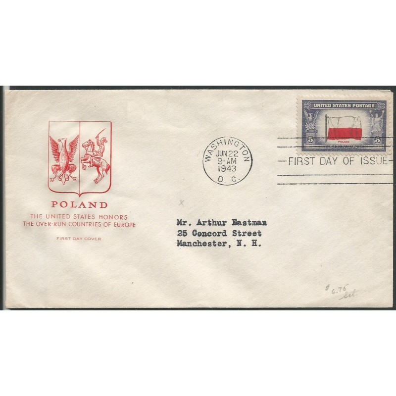 USA 1943, Okupowane kraje: Polska, flaga. FDC