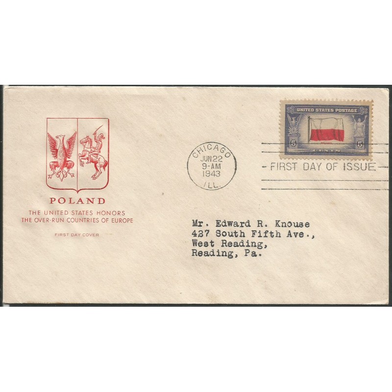 USA 1943, Okupowane kraje: Polska, flaga. FDC