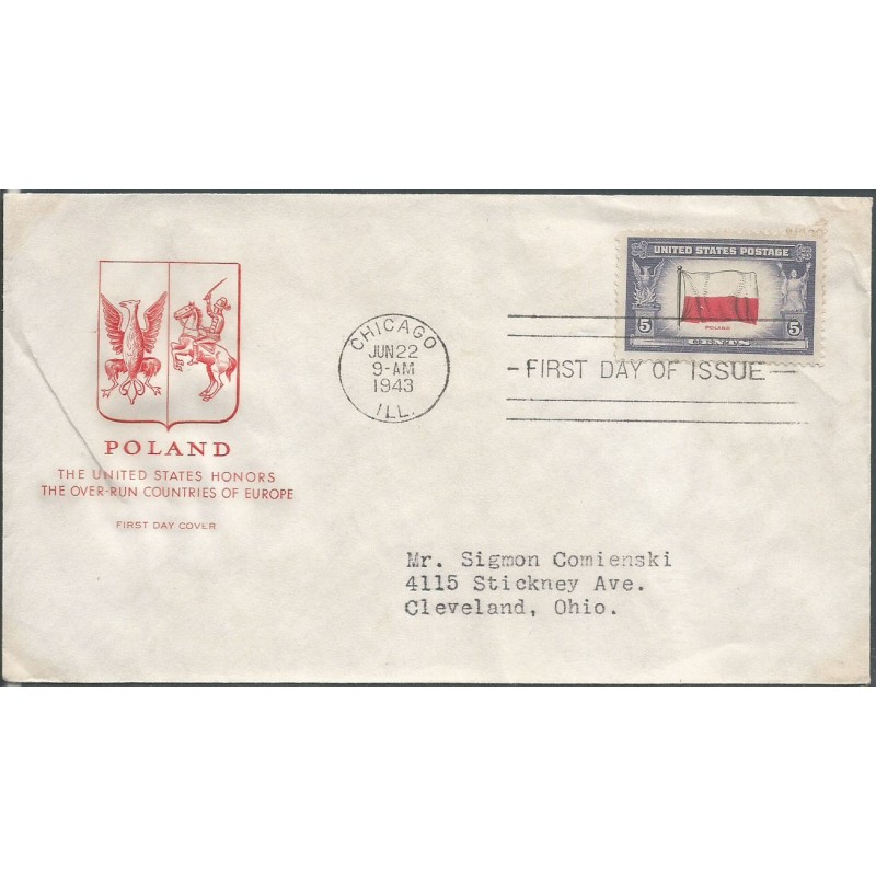 USA 1943, Okupowane kraje: Polska, flaga. FDC