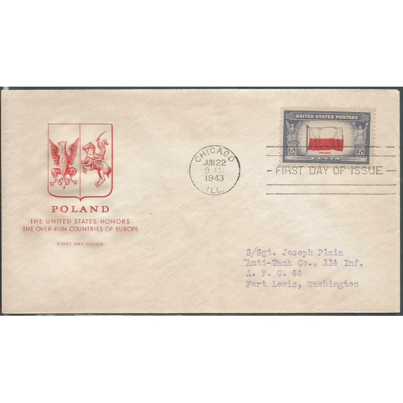 USA 1943, Okupowane kraje: Polska, flaga. FDC