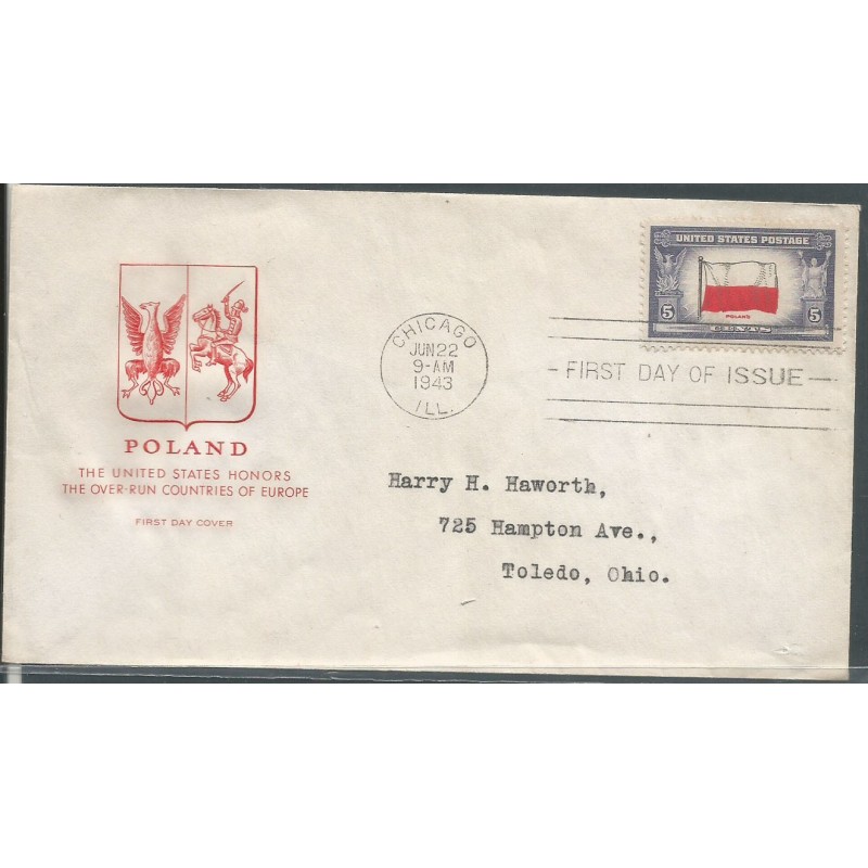 USA 1943, Okupowane kraje: Polska, flaga. FDC