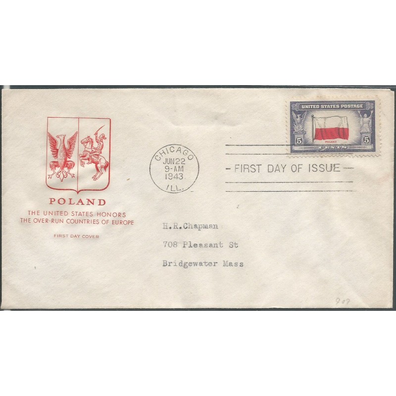 USA 1943, Okupowane kraje: Polska, flaga. FDC