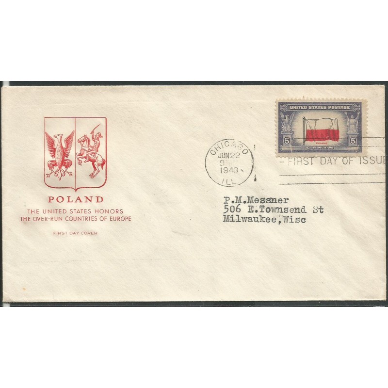 USA 1943, Okupowane kraje: Polska, flaga. FDC