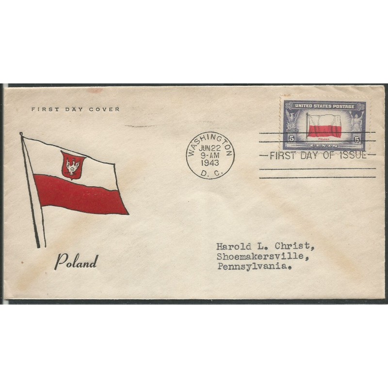 USA 1943, Okupowane kraje: Polska, flaga. FDC