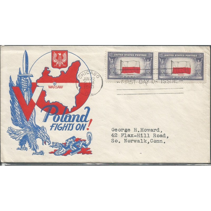USA 1943, Okupowane kraje: Polska, flaga. FDC