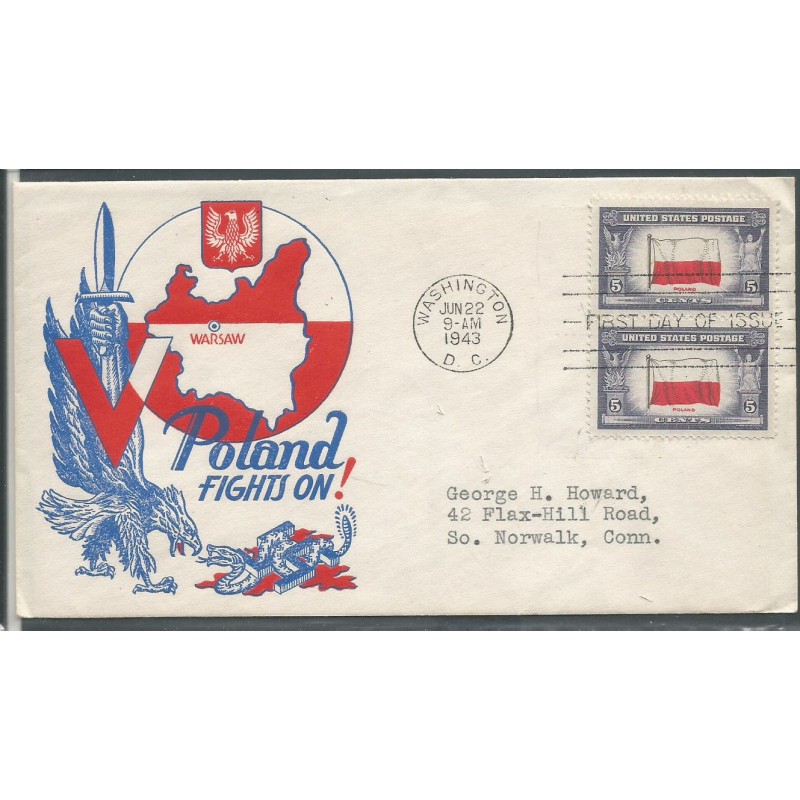 USA 1943, Okupowane kraje: Polska, flaga. FDC