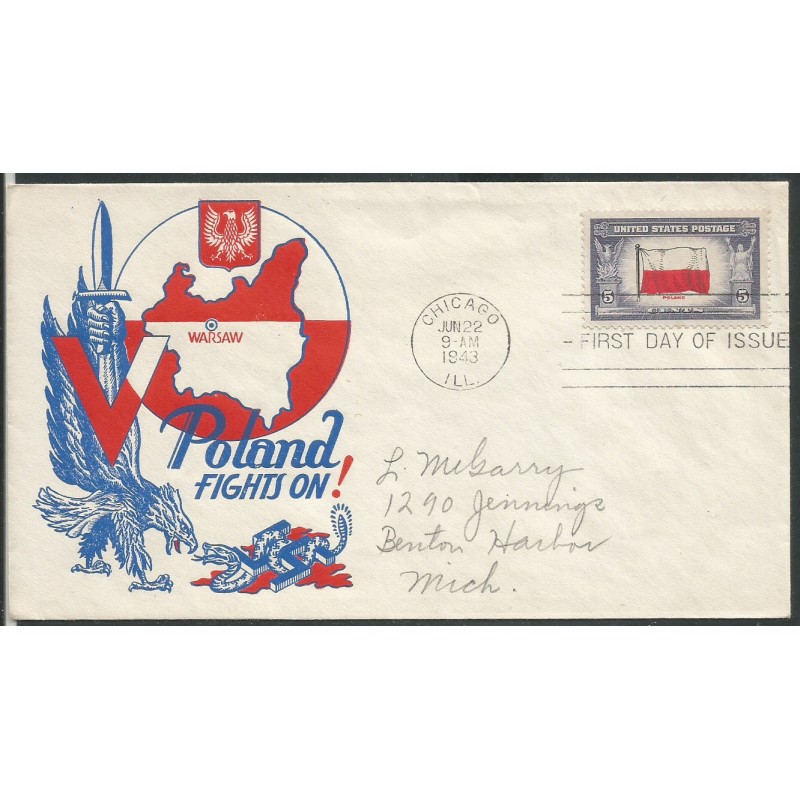 USA 1943, Okupowane kraje: Polska, flaga. FDC