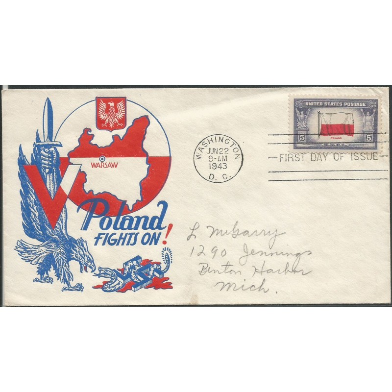 USA 1943, Okupowane kraje: Polska, flaga. FDC