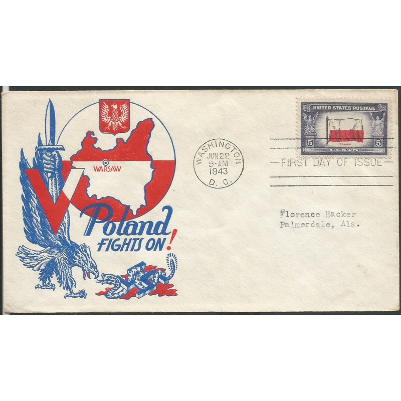 USA 1943, Okupowane kraje: Polska, flaga. FDC