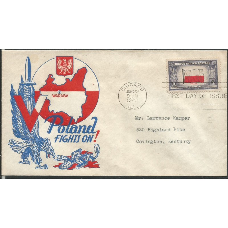 USA 1943, Okupowane kraje: Polska, flaga. FDC