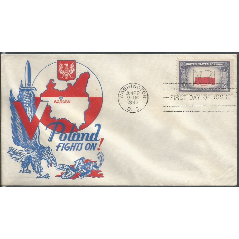 USA 1943, Okupowane kraje: Polska, flaga. FDC