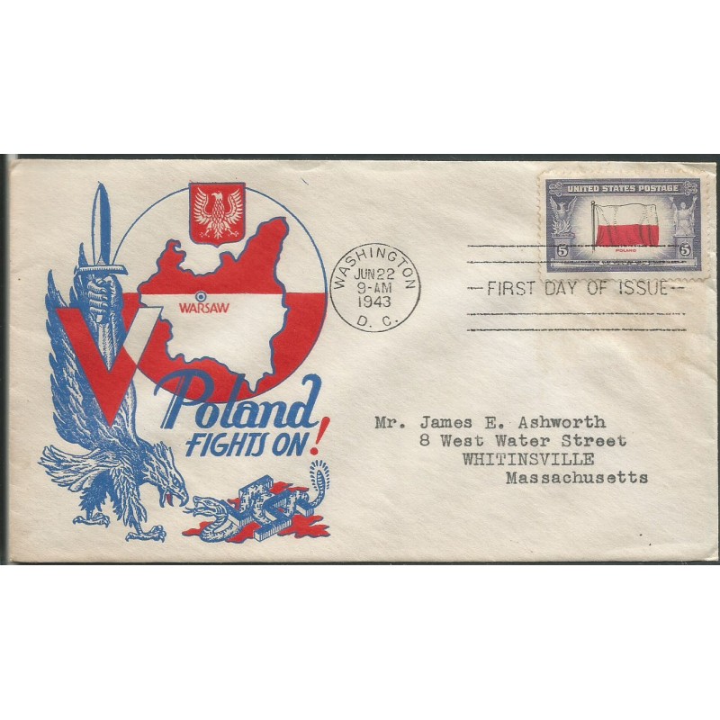 USA 1943, Okupowane kraje: Polska, flaga. FDC