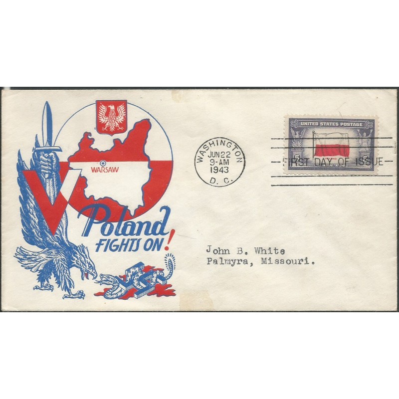 USA 1943, Okupowane kraje: Polska, flaga. FDC
