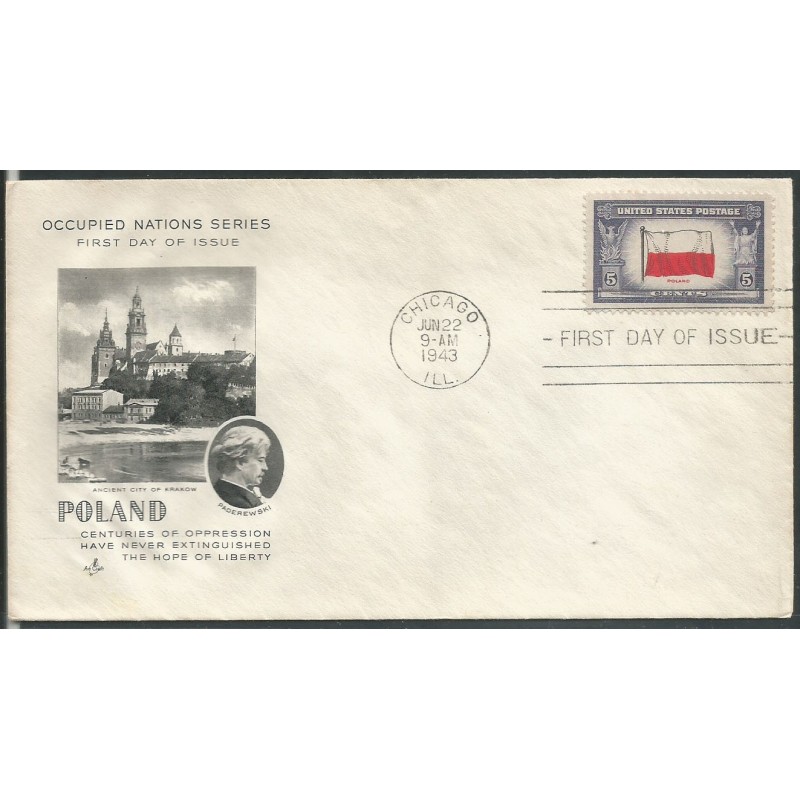 USA 1943, Okupowane kraje: Polska, flaga. FDC