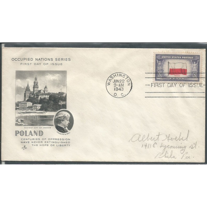 USA 1943, Okupowane kraje: Polska, flaga. FDC