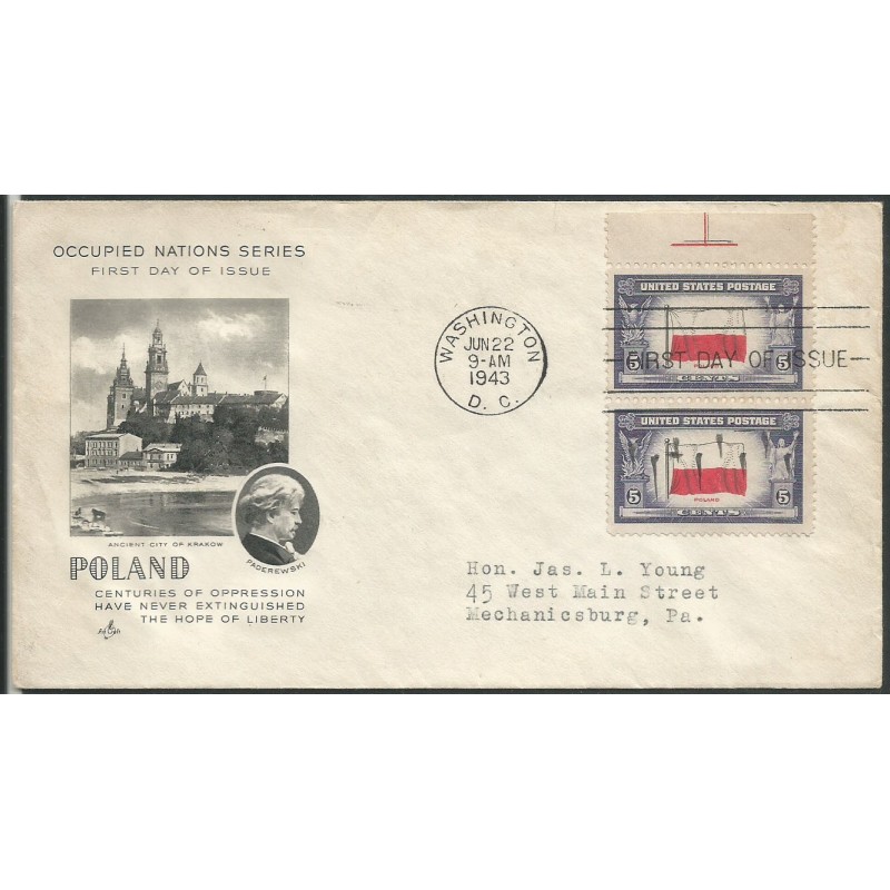 USA 1943, Okupowane kraje: Polska, flaga. FDC