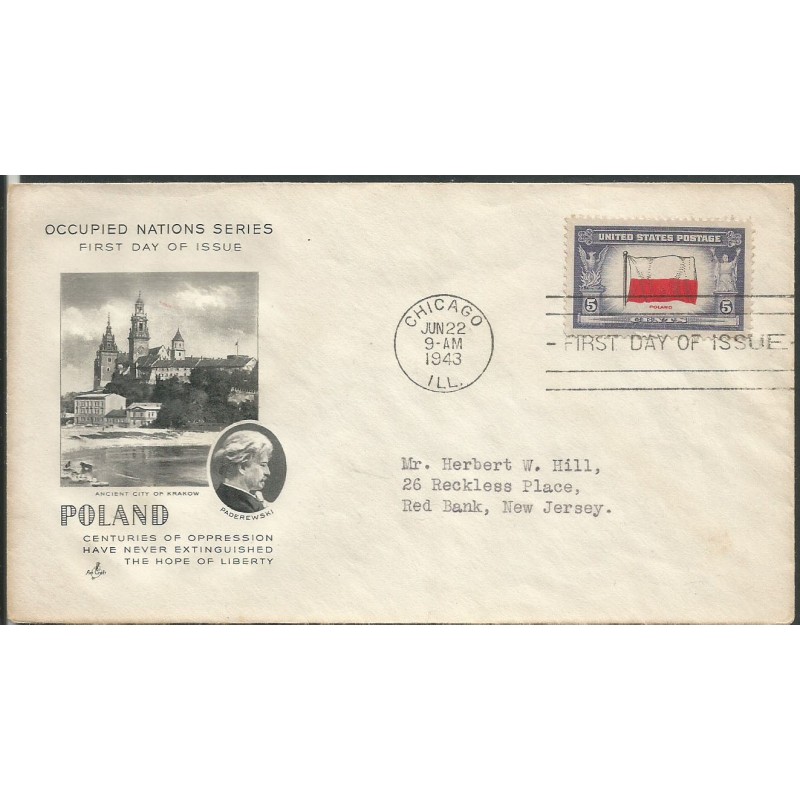 USA 1943, Okupowane kraje: Polska, flaga. FDC