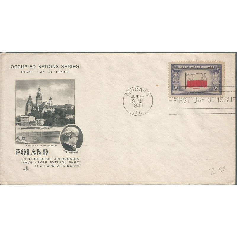 USA 1943, Okupowane kraje: Polska, flaga. FDC