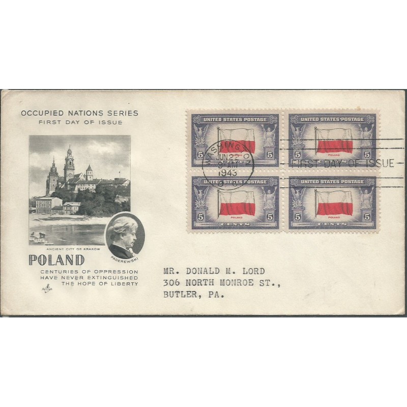 USA 1943, Okupowane kraje: Polska, flaga. FDC