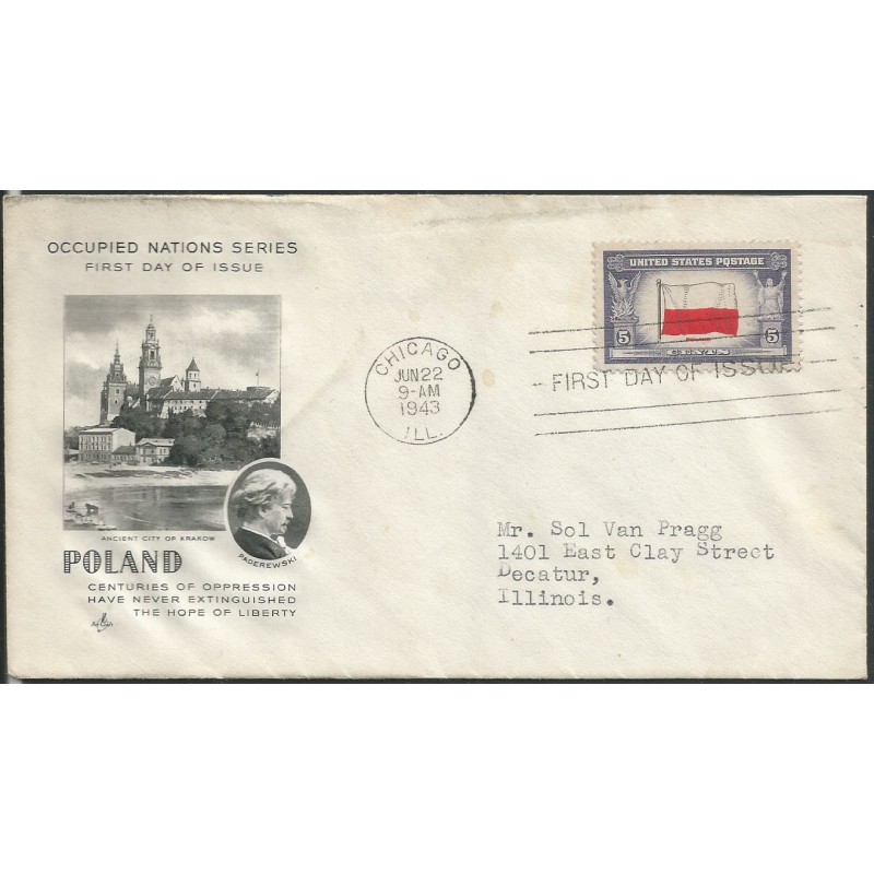 USA 1943, Okupowane kraje: Polska, flaga. FDC