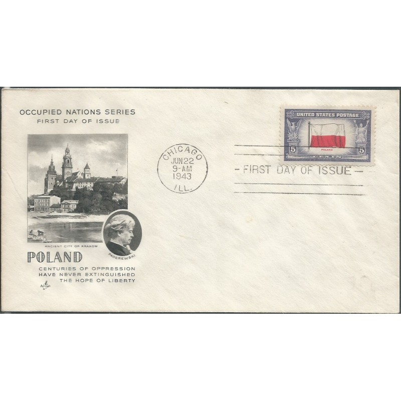 USA 1943, Okupowane kraje: Polska, flaga. FDC