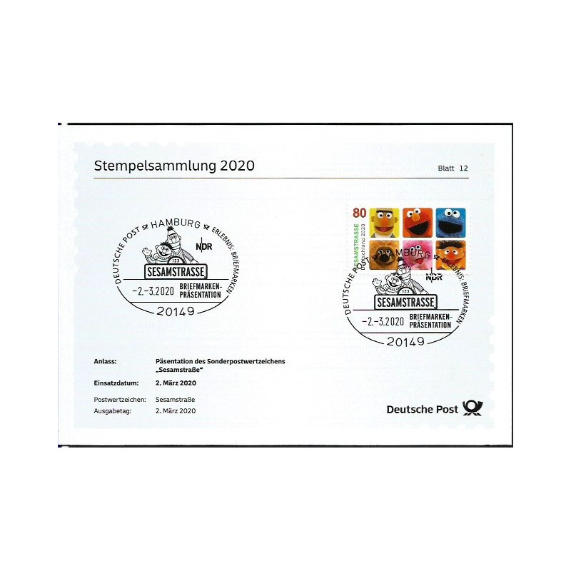 Niemcy 2020, Mapety, Ulica Sezamkowa, bajka. FDC Blatt 12/2020