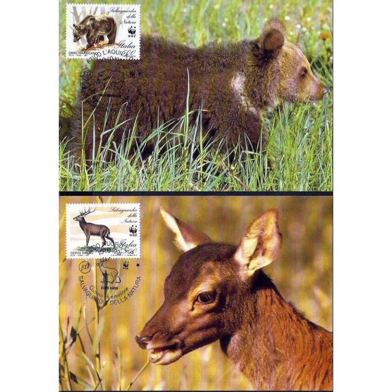 Włochy 1991, WWF: niedźwiedź, jeleń. Karty maksimum