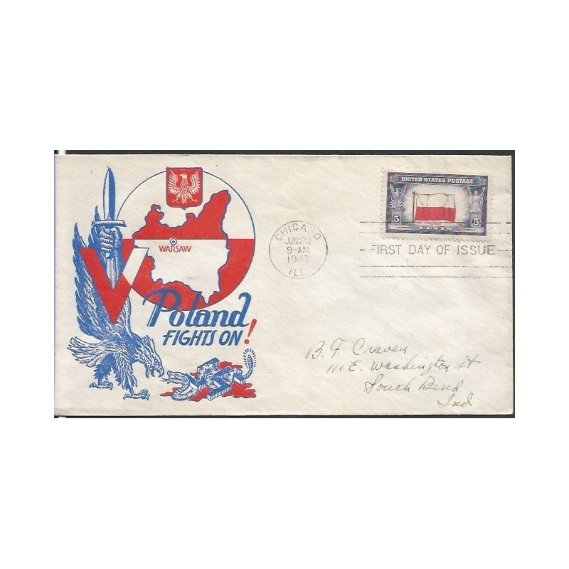 USA 1943, Okupowane kraje: Polska, flaga. FDC