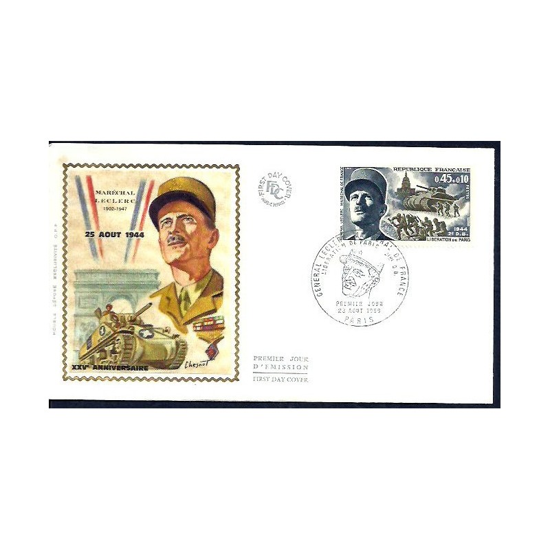 Francja 1969, II wojna, generał Leclerc, czołg, Paryż. FDC