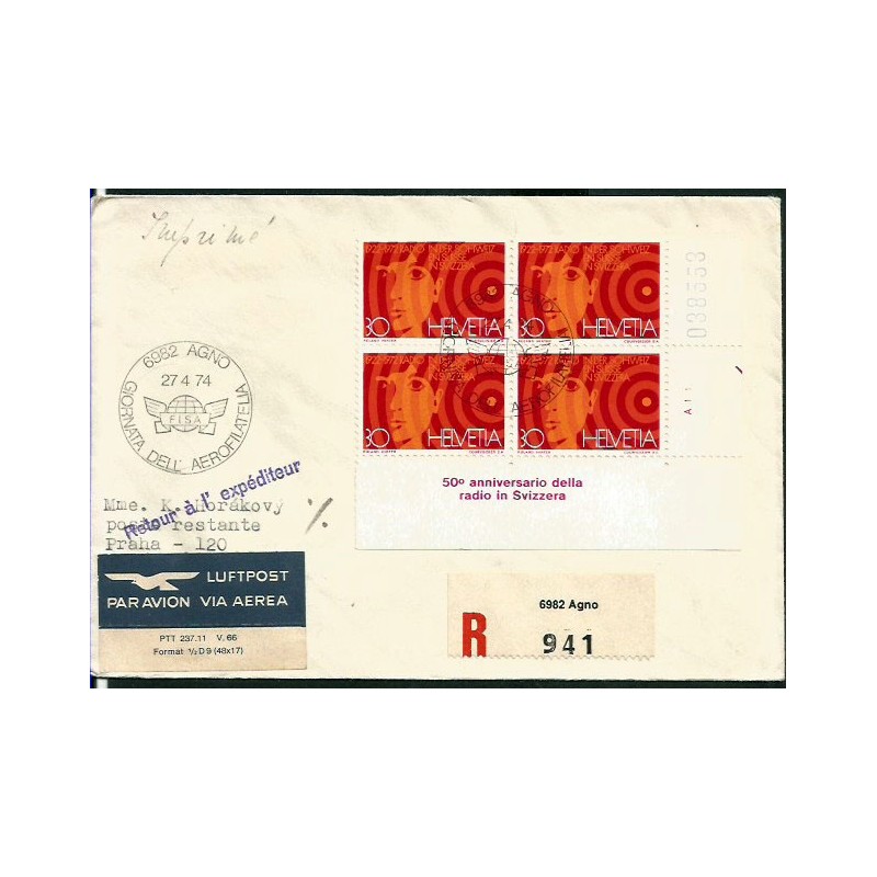 Szwajcaria 1974, Lotnictwo, aerofilatelistyka. Polecony, Agno